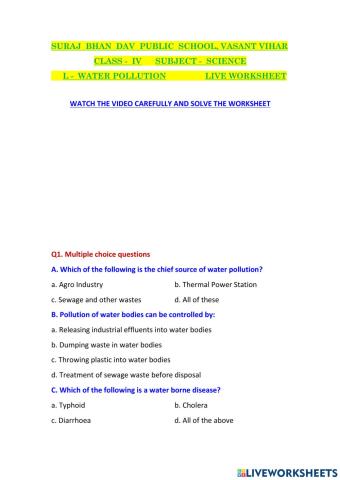 Water pollution worksheet