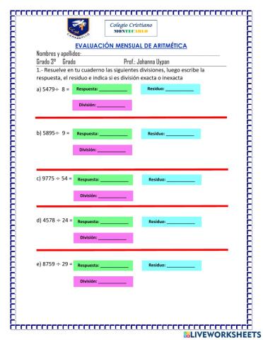 Evaluación mensual de aritmetica