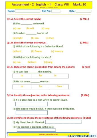 Assessment 2 Eng 2 Class VIII 1
