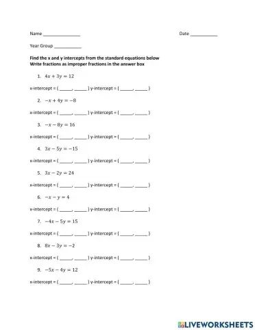 Graph - Standard Equations - Find the X and Y Intercepts