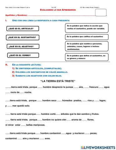 Actividades con artículos, adjetivos y sustantivos