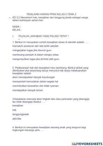 Ulangan harian pkn tema 2 kelas 5