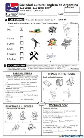 2nd Year TEST Term 2 - Wider World 2 (units 4, 5, 6)