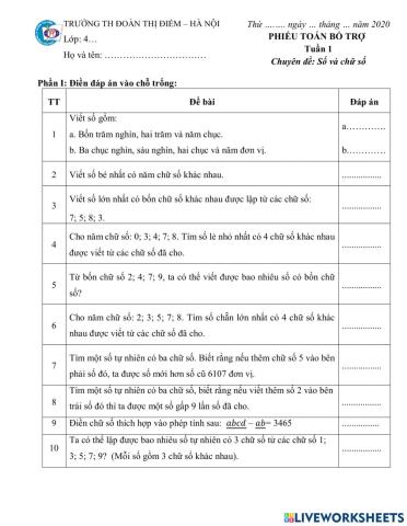 Toán nâng cao 4 tuần 1 - Số và chữ số