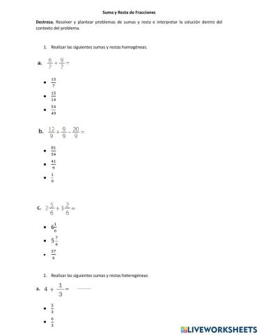 Sumas y restas de fracciones