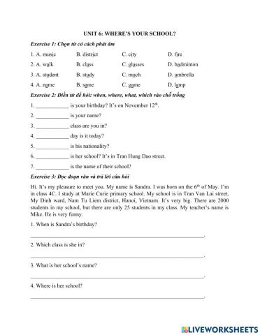 Unit 6: Where's your school?