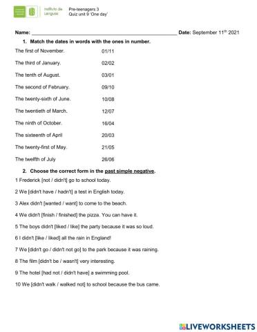 Dates - past simple negative and questions - adjectives