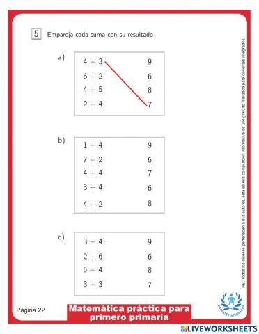 Matemática práctica para primero primaria p. 22 - Empareja cada suma con su resultado