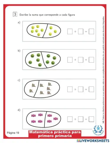 Matemática práctica para primero primaria p. 19 - Completa las adiciones