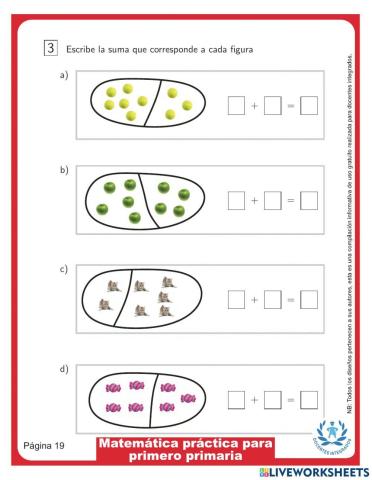 Matemática práctica para primero primaria p. 19 - Completa las adiciones