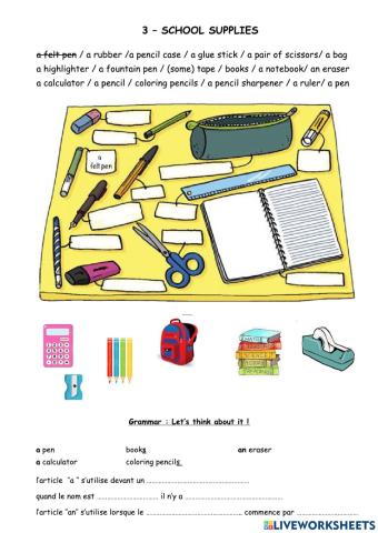 School supplies - vocabulary and article