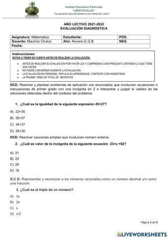 Diagnostico matemática noveno