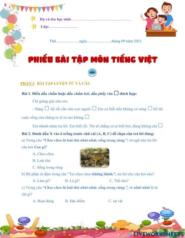 Phiếu bài tập khảo sát môn Tiếng Việt