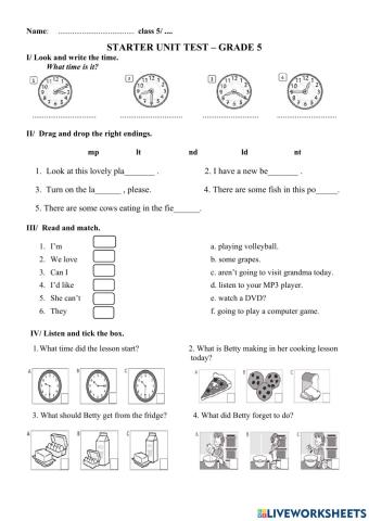 worksheet 1 - unit starter test - grade 5