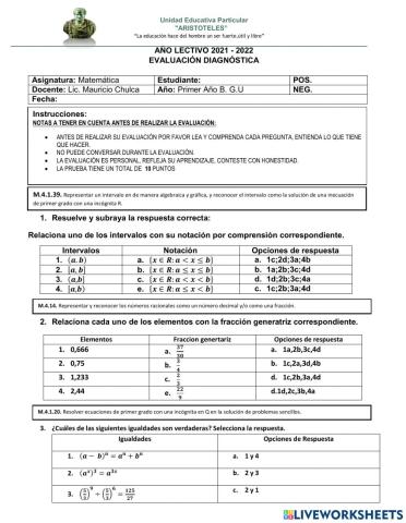 Diagnostico matematica primero