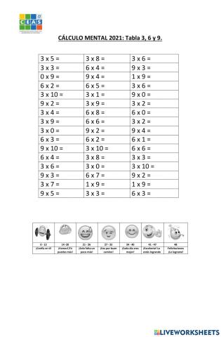 Cálculo mental: Tabla del 3, 6 y 9