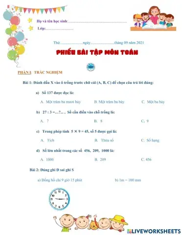 Phiếu bài tập cuối tuần môn Toán