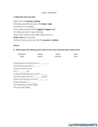 Listening comprehension Lullaby- Nickelback