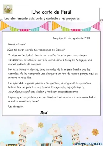 Comprensión lectora: Carta desde Perú