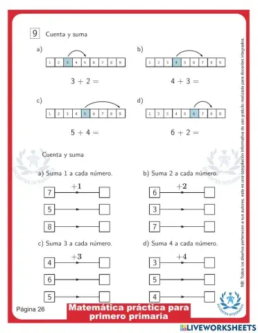 Matemática práctica para primero primaria p. 26 - Cuenta y suma