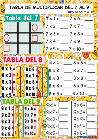 Tabla de multiplicar del 7 al 9