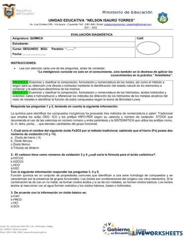 Evaluacion diagnortica de quimica de segundo año de bachillerato