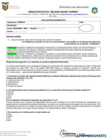 Evaluacion diagnortica de quimica de segundo año de bachillerato