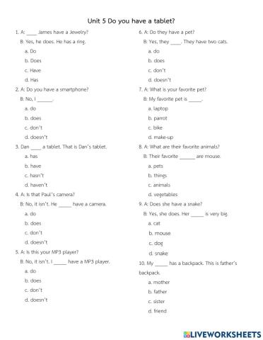 Unit 5 Do you have a tablet?