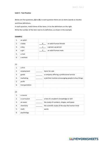 Band 2 (Core 2) - Unit 9 - Test