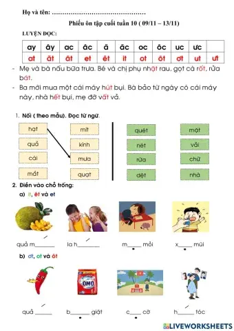 Lớp 1: Ôn tập tuần 10
