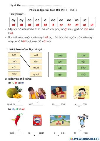 Lớp 1: Ôn tập tuần 10
