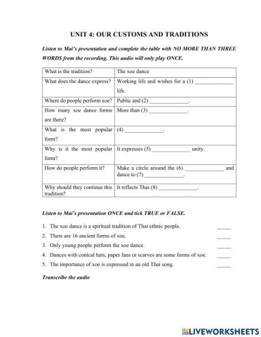 Unit 4: Our customs and traditions - Listening Skill
