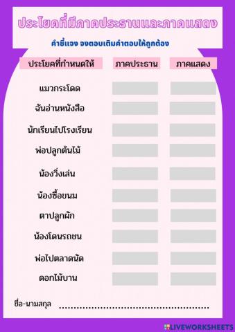 แบบฝึกหัด เรื่อง ประโยคที่มีภาคประธานและภาคแสดง