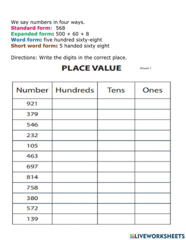 Place Value - writing in the correct place