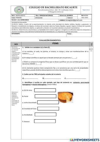 Prueba diagnóstico Primero Química