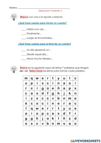 U5 Lenguaje El cuento Antónimos Palabras con ce - ci Singular y plural
