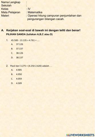 Operasi hitung penjumlahan dan pengurangan