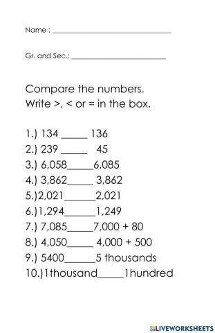Comparing Numbers up to Thousands
