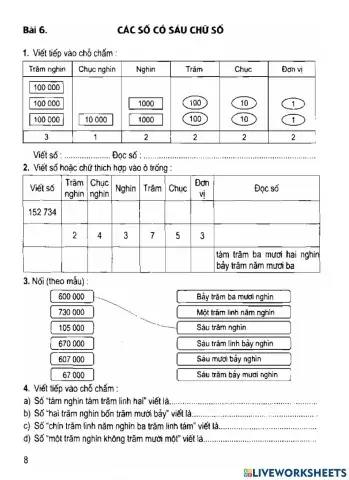 Tuần 2- Toán in 4 - bài 6 Các số có 6 chữ số