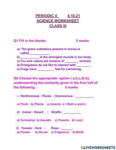 Science worksheet