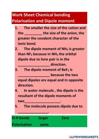 Work sheet dipole moment