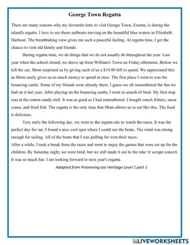 George Town Regatta Reading Comprehension