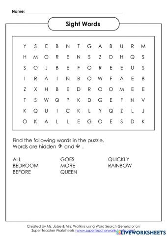 Sight Word Wordsearch