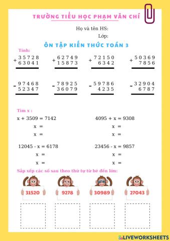 Phiếu BT ôn Toán 3 ngày 13-9