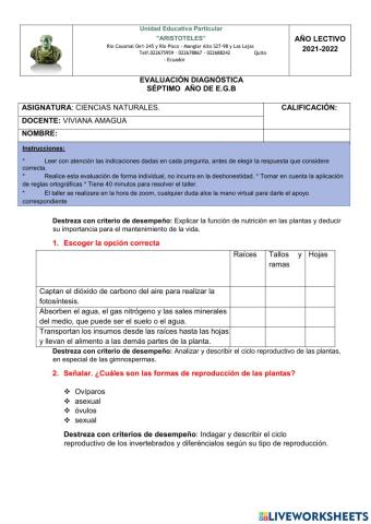 EVALUACIÓN DIAGNÓSTICA CIENCIAS NATURALES