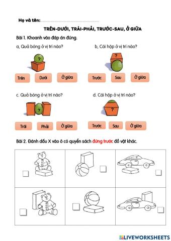 Trên - dưới, trái - phải, trước - sau, ở giữa