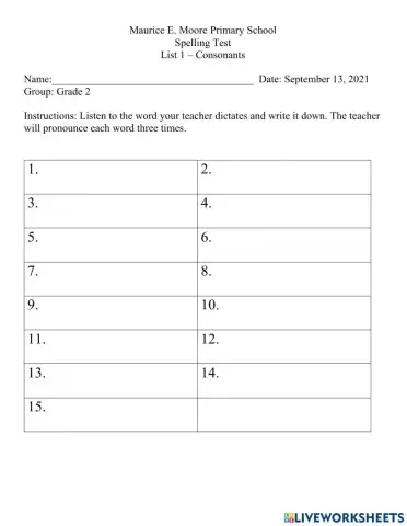 Spelling List 1 2021-2022