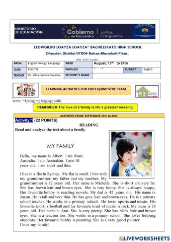 Learning activities for first quimestre exam