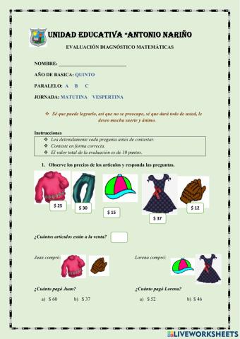 Prueba diagnostico matemáticas