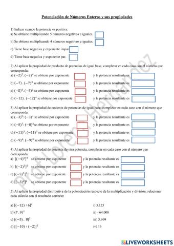 Potencias y propiedades de Números Enteros